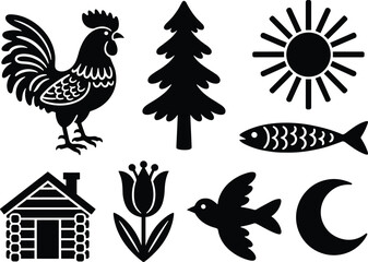 Fototapeta premium Scandinavian Folk Art Silhouette Icon Set with Rooster, Pine Tree, Sun, Fish, Cabin, Tulip, Bird and Moon Black Vector Collection