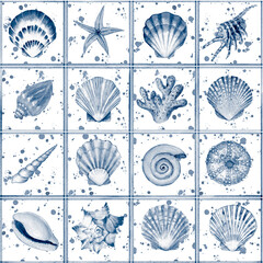 Blue Watercolor Seashell Tile Pattern &ndash; Coastal Delft Style