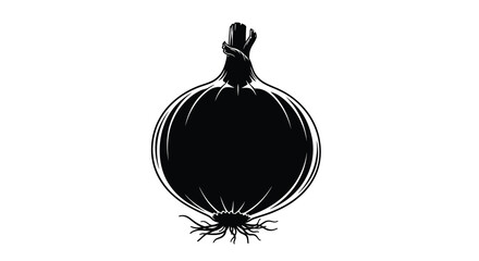 A striking black silhouette of an onion with detailed roots and a stylized stem showcasing a bold design silhouette © Pvect02