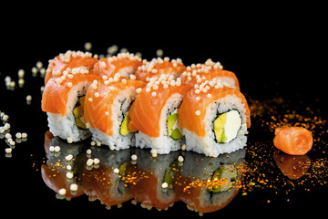 Fresh mouth-watering sushi with salmon and mango philadelphia cheese prepared in a Japanese restaurant. © sergo321