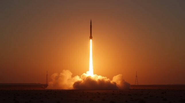 Single ballistic missile launching vertically from desert military base at dusk leaving a thick bright orange fire trail against deep amber gradient sky