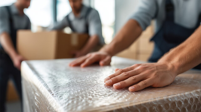 Professional movers packing furniture with bubble wrap. Moving service and relocation concept.