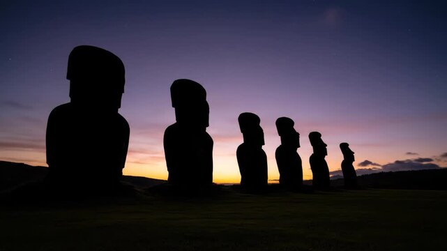 Day to night time lapse composite of the moai statues at ahu tongariki. Iconic monolith silhouettes on easter island transitioning from a vibrant sunset to a starry sky