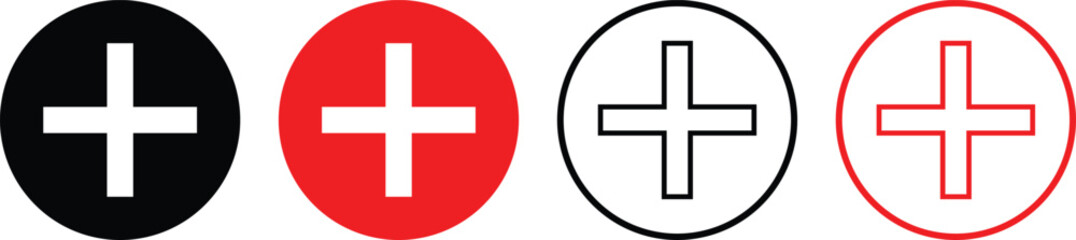 Obraz premium Plus Sign Icon Set in Circle – Add Button Symbols in Black and Red, Solid and Outline Style UI Elements Isolated on White Background Vector Illustration