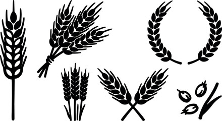 Naklejka premium Minimalist vector wheat icons showing tied sheaf crossed ears laurel wreath single ear and black stalk silhouettes on white background