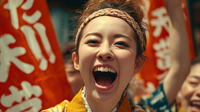 Kochi Yosakoi Festival, Cheerful Yosakoi Performer Shouting with Festival Fans at Kochi Yosakoi Matsuri Japan