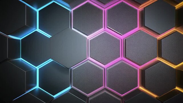 A geometric pattern with dark grey hexagon tiles, each glowing with neon lights in multiple colors