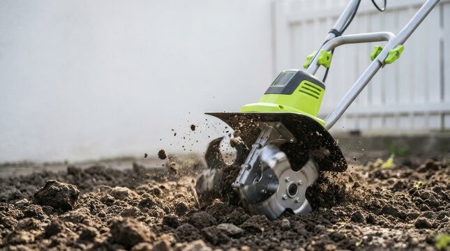 Green and grey power tiller digging into rich brown soil breaking up earth clods Garden cultivator machinery in action