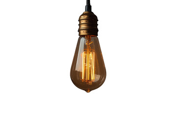 Vintage pear shaped edison bulb displaying glowing tungsten filament, representing ideas, innovation, and creativity on transparent background
