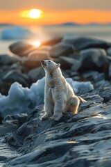 A polar bear observes the ocean horizon during a colorful sunset over a rocky shoreline.