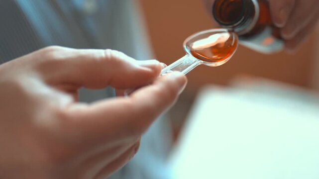 Man pouring liquid cough syrup into a spoon, medication dosage and healthcare concept.