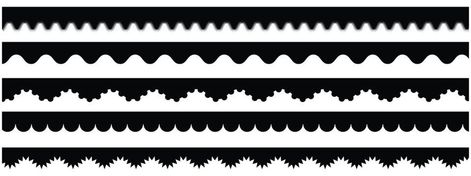 Scalloped edge seamless set. borders and dividers. Simple scalloped border. Repeat cute vintage frill ornament. Texture ribbons. Vector illustration isolated on white background. 