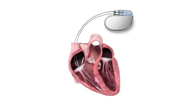 3D medical illustration of implanted cardiac pacemaker with leads positioned inside human heart chambers