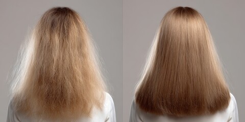 Fototapeta premium Transformation of hair from frizzy to sleek, showcasing stunning before and after results