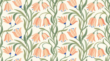 Floral seamless pattern with peachy blossoms and green leaves