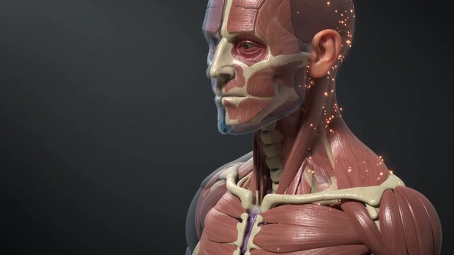 Detailed 3D illustration of human anatomy focusing on muscular and nervous system from side view