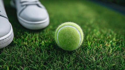 Close-up of a green tennis ball resting on grass with a pair of white sneakers positioned nearby, showcasing a vibrant outdoor sports setting