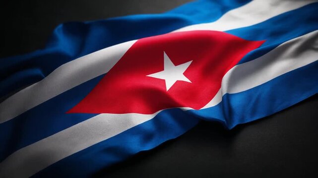 Close-up of a flag with a red triangle, white star, blue stripes, and a dark background