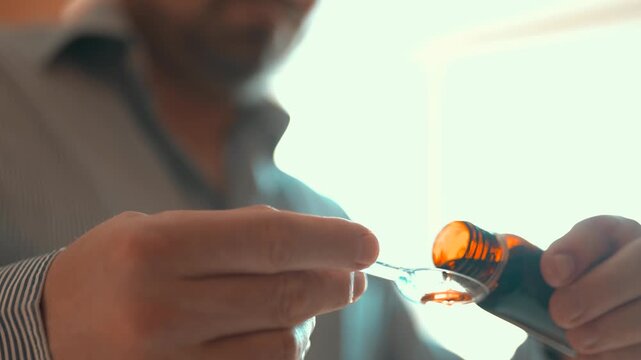 Man pouring liquid cough syrup into a spoon, medication dosage and healthcare concept.