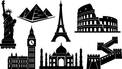 Fototapeta na wymiar Minimalist silhouette vector of famous landmarks including statue of liberty pyramids eiffel tower colosseum big ben taj mahal great wall