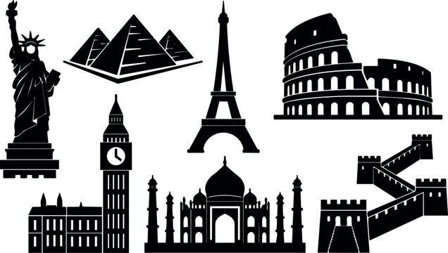 Minimalist silhouette vector of famous landmarks including statue of liberty pyramids eiffel tower colosseum big ben taj mahal great wall