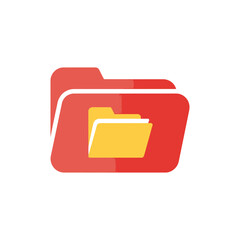 Bright red folder icon with yellow documents inside flat design style isolated on white background digital illustration