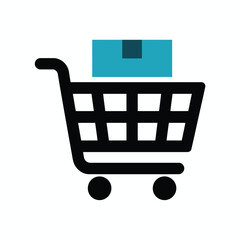 Minimalist shopping cart icon with teal package symbolizing online retail and e commerce delivery services