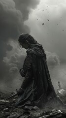 A warrior in dark armor stands amidst a turbulent sky filled with scattered debris, conveying strength and resolve.