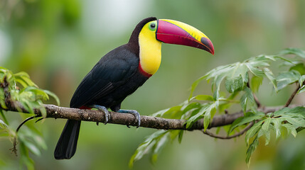 Fototapeta premium Vibrant toucan perched on a branch in a lush green forest setting