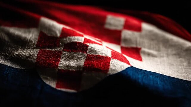 Close-up of a textured fabric featuring a red and white checkered pattern draped on blue