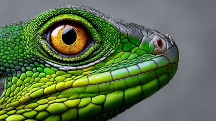 Close-up of a vibrant green lizard with striking yellow eye, showcasing detailed scales and textures against a neutral gray background