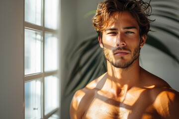 A man with curly hair stands in a room with natural light, appearing thoughtful and serene.
