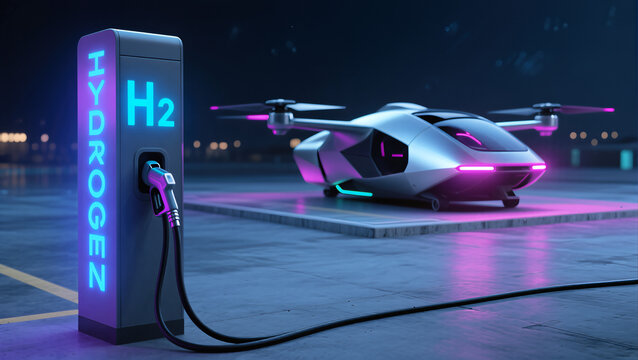 Sustainable Hydrogen Aviation Infrastructure Electric VTOL Air Taxi Future Urban Mobility Zero Emission Transport Green Technology Charging Station Concept