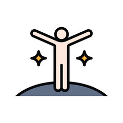 Human figure standing on a hill with arms outstretched surrounded by a starry sky and vibrant colors symbolizing success and achievement