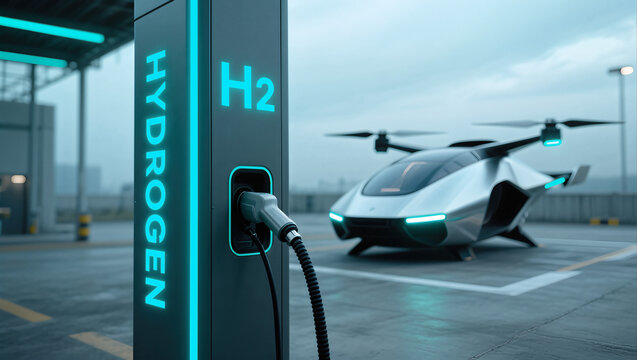 Futuristic hydrogen refueling nozzle connected to high tech electric flight vehicle for sustainable zero carbon urban aerial mobility