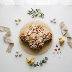 Fototapeta premium Top view flat lay of Italian Easter colomba cake on white background with pastel eggs, linen ribbons, greenery and yellow chicks, soft natural light.