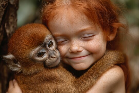 A young child and a monkey share a moment of affection and trust in a blurred background.