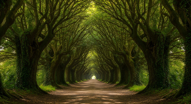 A captivating natural tunnel formed by ancient, intertwining trees, creating a majestic green archway over a winding path, inviting a journey into a mystical forest