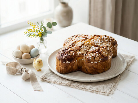 Italian Easter colomba cake on a white plate in a bright spring table setting with pastel eggs, ribbon and a cute chick, soft natural light.