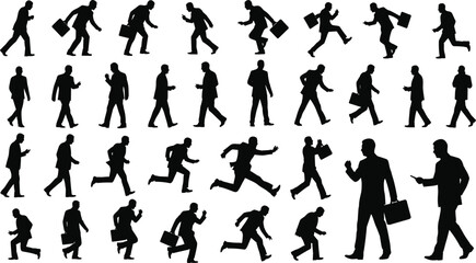 Fototapeta premium Running business people silhouettes vector set, professional men rushing walking carrying briefcases isolated