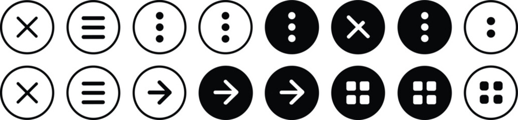 Fototapeta premium Minimal user interface navigation icon set isolated on gray background, menu, close, more options and arrow buttons vector collection
