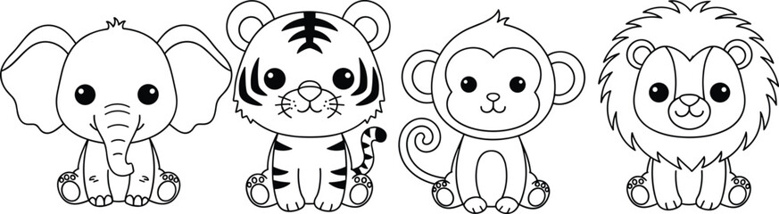 Cute Jungle Animal Vector Set for Coloring Book, Hand Drawn Baby Elephant Tiger Monkey and Lion Doodle for Kids © MdJillur