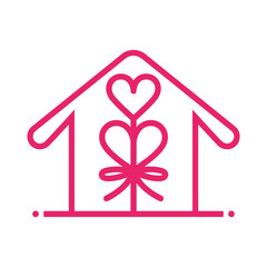Pink heart shaped symbol with ribbon inside a stylized home icon minimalist design love and family concept isolated on white background