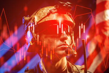 Fototapeta na wymiar Iran USA conflict shows soldier in gear with financial data behind during oil crisis