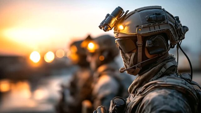 Faceless vigilant soldiers in advanced tactical gear standing at attention, defocused dramatic evening light, helmets equipped with night vision goggles, precision rifles, with