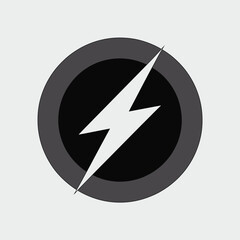 Dramatic black and gray circle enclosing bold white lightning bolt symbol for dynamic energy concepts