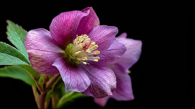 A close-up shot of a purple hellebore flower against a black backdrop, with visible pistils