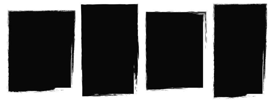 Set of rectangular grunge template backgrounds. Black square shapes with ripped jagged borders on white background. Vintage grunge boxes for collage, text,Straight line vector, banner, sticker design.