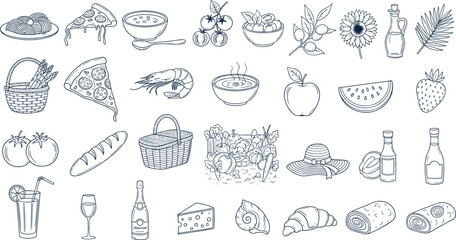 Hand Drawn Food, Drink, and Picnic Vector Set with Pizza, Fruits, Wine, Cheese, Sunflower and More