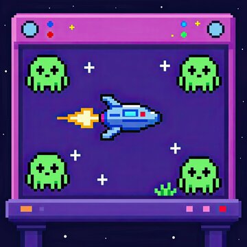 Retro pixel art spaceship shooting aliens on vintage arcade game screen starry background